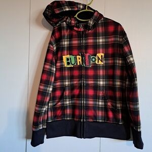 Burton boys size 7/8 jacket plaid zip up hood attacged, micro fleece lined